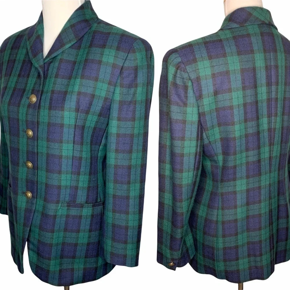Y2K Rena Rowan Saville Wool Blend Tartan Plaid Blazer Brass Buttons Size 10P